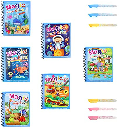 6 Pièces Livres de Coloriage à L'eau, Livre de Dessin Magique de L'eau Réutilisable, Livre Peinture à L'eau pour Enfants avec Stylo pour Enfants Education Dessin Jouet