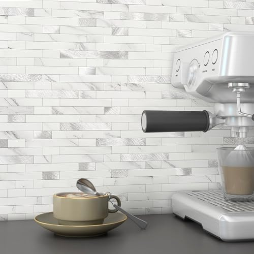 MOFIT Lot de 5 feuilles de carrelage mural autocollant 3D pour dosseret de cuisine, carreaux de mosaïque linéaire en marbre pour salle de bain, cheminée, meuble-lavabo (blanc argenté)