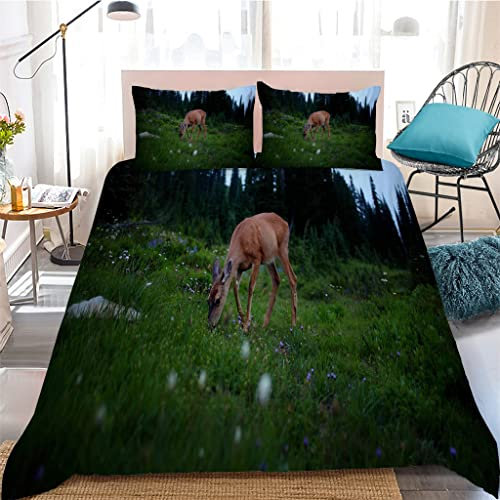 Bettwäsche 155x220 Hirsch GrüN Bettwäsche Set mit Reißverschluss Luftdurchlässiger 110gsm Mikrofaser Bettbezug + 2 Kissenbezug 80x80cm Geeignet für Mann und Frau