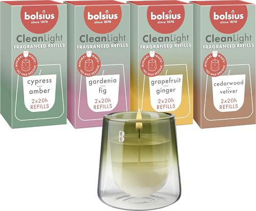 Bolsius - Set de Démarrage CleanLight - Bougie Parfumée Rechargeable - Support & 9 Recharges - Multiples Fragrances - Vert - Temps de Combustion de 20 Heures - Extraits Naturels & Cire Végétalienne