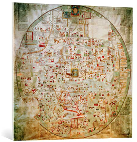 kunst für alle Leinwandbild: Buchmalerei Die Ebstorf Weltkarte - hochwertiger Druck, Leinwand auf Keilrahmen, Bild fertig zum Aufhängen, 85x80 cm