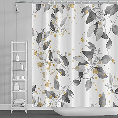 Ttincceer 180x180cm Pflanze Duschvorhang Eukalyptus Blatt Salbei Grau Badezimmer Vorhang Frühling Sommer Pflanze mit funkelnden Goldpunkten Duschvorhänge Wasserdicht Badewanne Vorhang