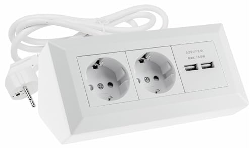 ChiliTec Steckdosenblock Ecksteckdose 2-Fach Mehrfachsteckdose 230V mit 1,5m Kabel 2X USB-A 3,1A für Küche Büro Werkstatt Matt-Weiß