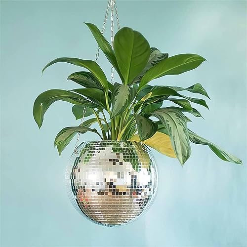 BBTISG Pot de fleurs en forme de boule disco réfléchissante, avec chaînes et crochet pour plantes d'intérieur et d'extérieur (10 cm)