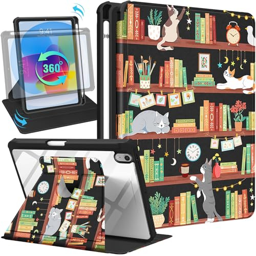 Uppuppy for iPad mini 7/6 Case - for iPad mini 6th/7th Generation Cases Women Cute Folio Cover with Pencil Holder Girls Girly Kawaii Cat Pretty Rotating Stand for Apple Mini 6/A17 Pro Case 8.3 Inch