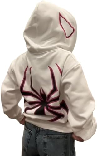 YINGKE Uomo Felpa con Cappuccio con Stampa Ragno Y2K Giacca di Halloween Gotica con Cerniera Unisex Hoodie(S,Bianco)