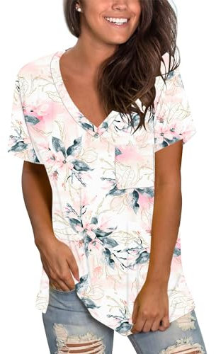 MOLERANI Hauts à Manches Courtes pour Femmes Chemises à col en V d'été T-Shirts Doux et Confortables Fleurs De Bohême Floral Blanc Rose S