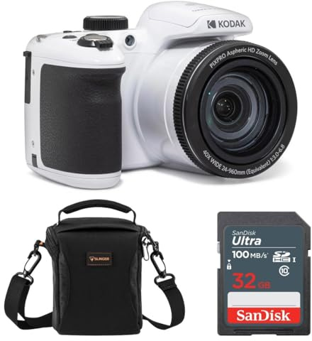 KODAK PIXPRO AZ405-WH 20MP Digital Camera 40X Optical Zoom 24mm Wide Angle Lens Optical Image Stabilization 1080P Full HD Video 3 LCD Vlogging Camera, Full Frame, with Bag & SD Card + Reader (White)