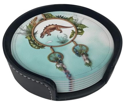 Dinosaurier-Traumfänger, bedruckte Getränkeuntersetzer mit Halter, Leder-Untersetzer, 6 Stück, Esszimmer-Dekor, Tassen-Untersetzer für Zuhause, Büro, Küche