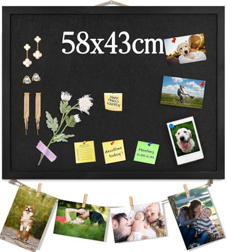 Schwarz Pinnwand aus Kork mit Filz, 58x43CM kleine Anzeigetafel, Memoboards, Filzboard Pinnwand für Wände, Schmuck, Notizen, Sammlungen, Fotos, Büro, Holzrahmen (Schwarz) & Filz (Schwarz), 1 Stück