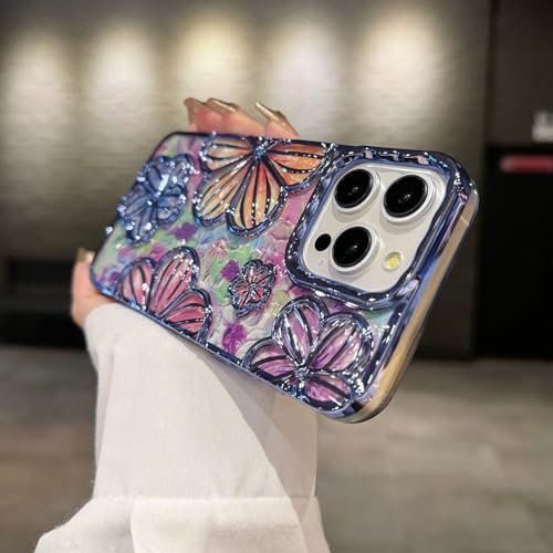 RALEAVO for iPhone 12/iPhone 12 Pro Case, Girls&Women Cute 3D Flower Luxury Plating Glitter Aesthetic Case Cover, Soft Silicone Shockproof Protective Phone Case for iPhone 12/12 Pro-Blue (Clear)