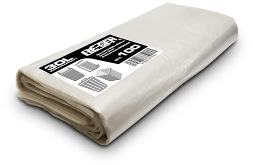 1 Flat Pack | 100 Bags | RE-GEN 30 Litre Clear Swing, Pedal, Square Bin Liners Refuse Sacks, Everyday, Office & Home Use | Transparent Industrial Strength Rubbish Garbage Bags 375/600 x 600mm