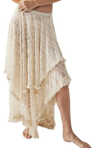 Yimoon Women's Floral Lace Long Skirts Elastic Asymmetrical Layered See-Through Maxi Skirts Sexy Sheer Flowy Beach Skirt(Beige-M)