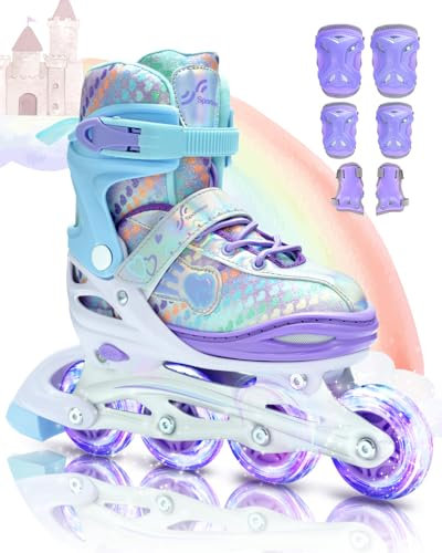 Sportneer Inline Roller Skates, Roller Boots Adjustable Size 11-7 with Illuminating Wheels Roller Blades Protective Gear Set for Gilrs Women