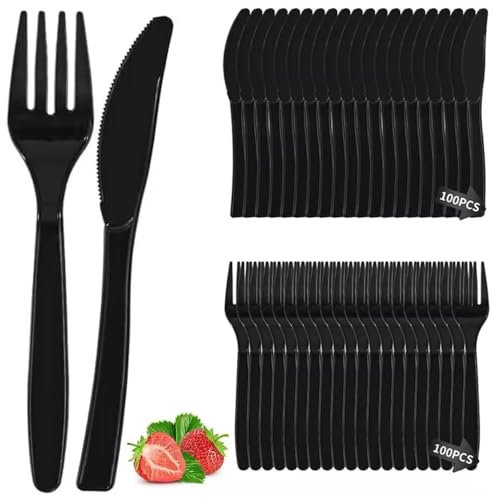 Heavy Duty Reusable Clear Plastic Cutlery Set, 200 PCS Clear Reusable Cutlery Set, 100 Fork 100 Knives Reusable Clear Cutlery Perfect for Tableware Parties and Dinnerware(Black)