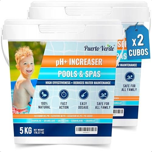 Puerto Verde • Elevador pH+ para Piscinas 10 Kg. Corrector de pH Apto para Hidromasajes y Spas. Regulador pH Plus en Formato Polvo. Cacito Dosificador Incluido. Producción Española.