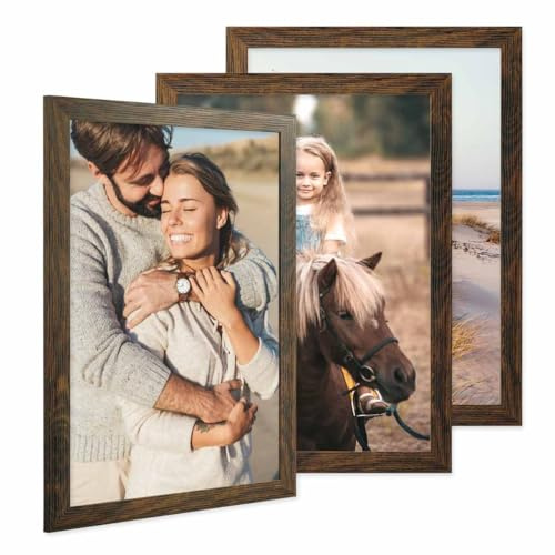 PHOTOLINI Bilderrahmen A3 Holz MDF Eiche Dunkel, 3er Set A3 Bilderrahmen 30x42 breit, Rahmen DINA3 mit Acrylglas, Picture Frame 42 x 30 zum Aufhängen, Frame DIN A 3 42x30 mit Zubehör für Wandideen