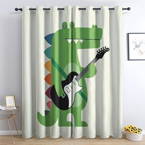 EXSANLIEAY Verdunklungsvorhänge Dinosaurier, Vorhang Blickdicht Gitarre Vorhänge mit öSen 2er Set für Schlafzimmer Kinderzimmer, Deko Gardinen Wohnzimmer - B140 x H220 cm