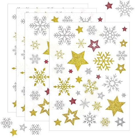 ZEYIYER 4 Blatt Schneeflocken Sticker, Glitzer Stern Schneeflocken Aufkleber Etiketten Selbstklebend zum Basteln, für Karten, Geschenke, Adventskalender, Valentinstag, Neujahr und Weihnachten