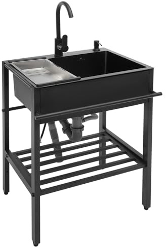 Freistehendes Edelstahl Waschbecken Schwarz, 60 * 45 * 86cm Küchenorganisation Spüle Schwarz, 360° drehbarer Wasserhahn – Schalldämmung & Geruchsstop – Ideal für Küche & Hauswirtschaftsraum