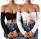 Belriviere Women 2 Pack Crop Tops Sexy Off The Shoulder Long Sleeve Blouse Going Out Nightout Shirt with Front Tied Strap S Black White
