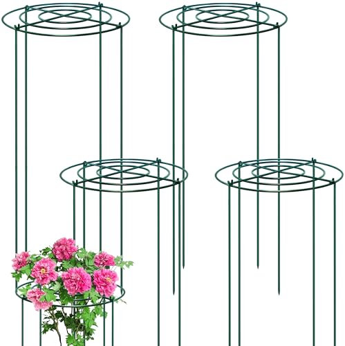 JKKLCC 4PCS Round plant supports,35x80cm peony support frame with Crossed concentric frame,green metal supports for garden with removable 4 legs,Supports Heavy Flowers Dahlia,Peony,rose,hydrangeas