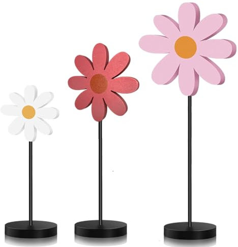 3 Stück Gänseblümchen Holzblumen Sommer Deko Innen Wohnzimmer Fensterbank Tisch Deko zum Hinstellen Blumen aus Holz Esstisch Decor Tischdeko Modern für Sommer, Frühling, Ostern