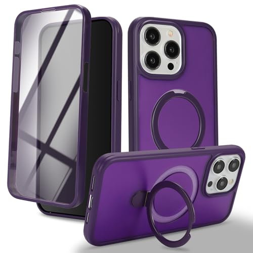 Zouzt for iPhone 15 Pro Max Matte Case and Screen Protector 15 Pro Max Case with Glass Screen Protector 360 Full Body Protective Shockproof Frosted Stand Phone Case, Anti-Fingerprint - Deep Purple