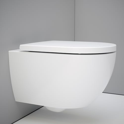 UDiseño Wand WC Spülrandlos Toilette, 360° Superspin Spülung Hänge WC, Erhöht komplettset, D-Form, Geräuscharme Tornado-Toilettenspülung, UF Deckel sitz mit Absenkautomatik, 52,5cm lang, weiß