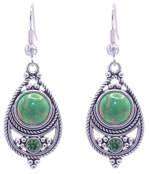 ZARZAMORA Pendientes Mujer Piedra Natural Colgantes Estilo Bohemio Vintage -Pendientes Plata Tibetana Acabado Envejecido Gancho Platino- Amuleto protector Gema Natural (Jaspe Verde)