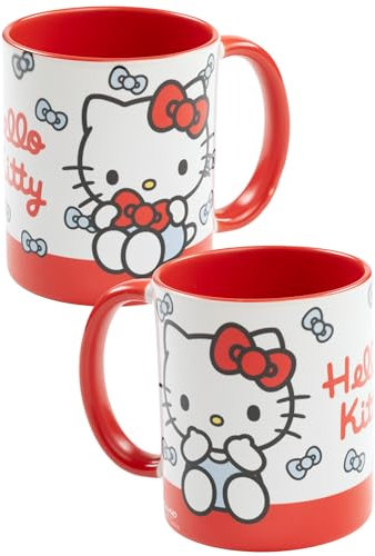 Hello Kitty Tasse - Schleifen Kaffeetasse Becher Kaffeebecher aus Keramik 320 ml Rot/Weiß