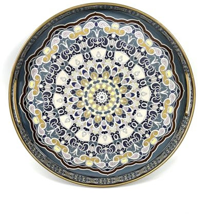 Heaven4you Round Decorative Serving Tray with Intricate Mandala Pattern with Gold-Edged Frame and Glossy Finish | Stylish Organizer or Food Tray for Coffee Table, Dining or Entertaining