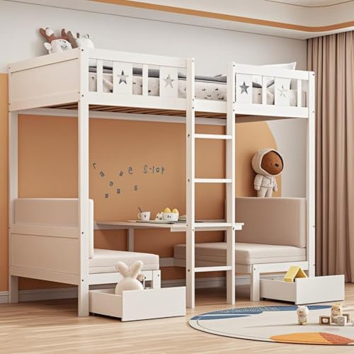 Etagenbett Kinderbett 90x200, Hochbett mit Flexibler Tisch und Holzsofa inkl. Kissen, Funktionsbett Holzbett Stockbett Jugendhochbett Bettgestell mit Rausfallschutz & Lattenrost, Ohne Matratze, Weiß