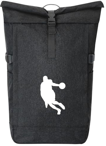 Huuraa Kurierrucksack Basketball Silhouette Geschenk | 30-44 Liter Backpack Black Melange Fairtrade Rolltop Rucksack Geschenkidee Schwarzer Laptop-Rucksack passend für 17-Zoll