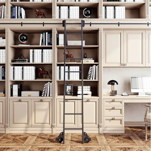 Library - Scala scorrevole per biblioteca, retrattile e riponibile contro la parete, per cantina e uso domestico