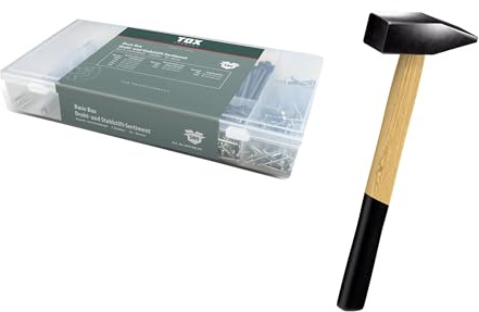 TOX Draht- und Stahlstift-Sortiment (580-tlg.) + Schlosserhammer 300g mit Eschenstiel, Nägel mit Stauch- und Senkkopf für vielseitige Anwendungen und Holzarbeiten, 9 gängige Größen, 094909141