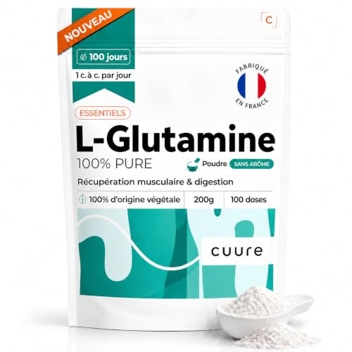 CUURE - L-Glutamine en Poudre 200 g - Saveur neutre - 30 Jours | Micro-filtrée à 100% de pureté, sans additif - Issue de fermentation végétale de maïs - Fabriqué en France - Saveur neutre