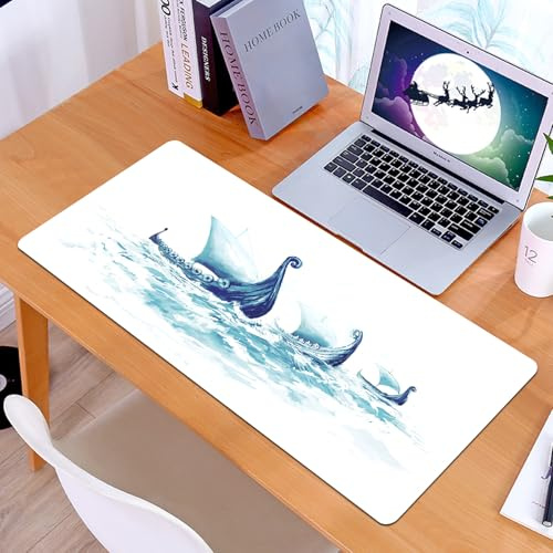 KDWJS Gaming Mauspad XXL 90x40cm Mousepad Groß Vernähte Kanten Anti-Rutsch für PC,Wikinger, Porträt von Wikinger-Langschiffen in Rauen hölzernen Seesch,Laptop Verbessert Präzision und Geschwindigkeit
