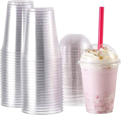 Smoothie Cups with Dome Lids (14oz, 50, Count) - Plastic Smoothie Cups, Reusable/Disposable, Recyclable Clear Cups for Takeaway, Milkshake, Slushie, Iced Drinks