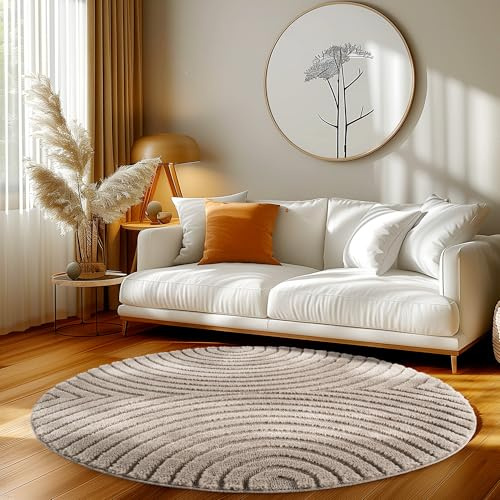 HomebyHome Wohnzimmer Teppich Rund 160 cm Beige Hochflor Skandi Boho Design Hoch-Tief Effekt Weicher Shaggy Langflor Flauschig Robust Pflegeleicht Modern für Schlafzimmer
