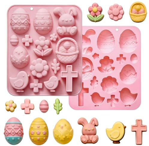 Molde de silicona de chocolate de Pascua – Molde de silicona para hornear de 15 cavidades, con diseños de conejo, huevo de Pascua y pollito, adecuado para hacer postres, dulces, gelatinas, gomitas y