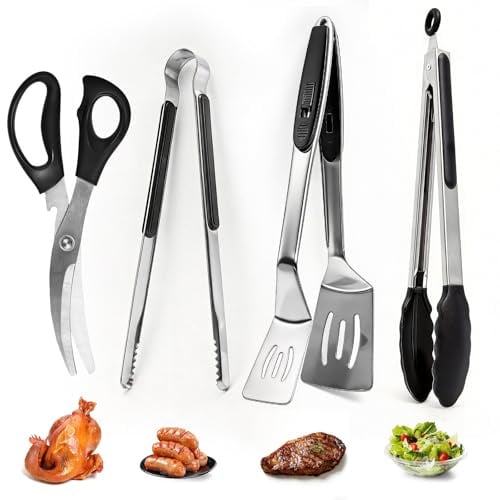 BBQ Tools - 4PCS Barbecue Utensil Set with Grill Clamp, Meat Scissors, 10 Serrated Meat Tongs, 13 Silicone Tongs Barbeque Accessories for Grill, Ribs, Steak, Salad