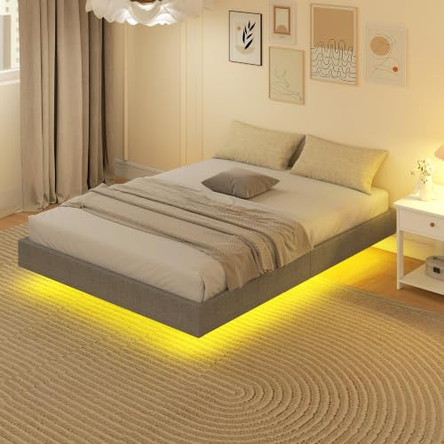 HOMCOM Schwebe-Etagenbett 140x190 cm mit LED-Beleuchtung, Bettrahmen, Leinenpolsterung, Holzlatten, geräuschlos, einfach zu montieren, Grau