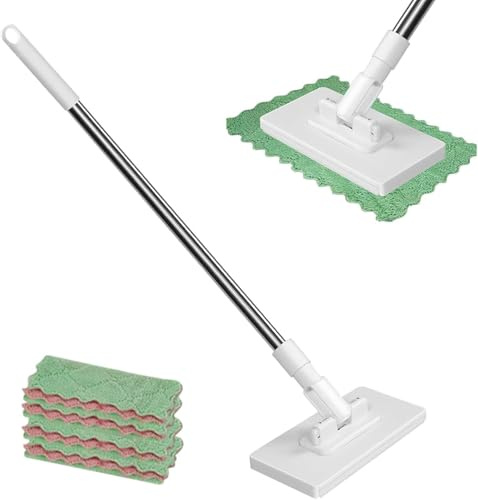 Hands-Free Automatic Cloth Changing Mini Mop - 100x16x8.5cm with 360° Rotating Head, Dust Mops Include 4 Reusable Cloths, Cleaning Tool for Floor, Bathroom & Kitchen