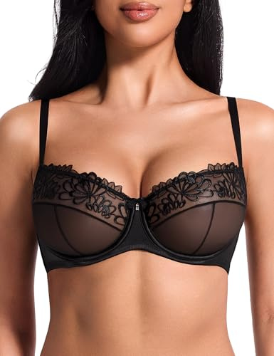 Deyllo Women's Lace Sheer Mesh Underwired Balconette Sexy Bra