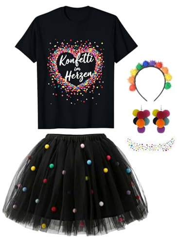 Konfetti Kostüm Damen Set, Konfetti im Herzen T-shirt Damen Fasching Karneval Outfit, Tüllrock Konfetti Rock, Haarreif mit Pompoms Bunt, Ohrringe, Aufkleber, Konfetti Accessoires