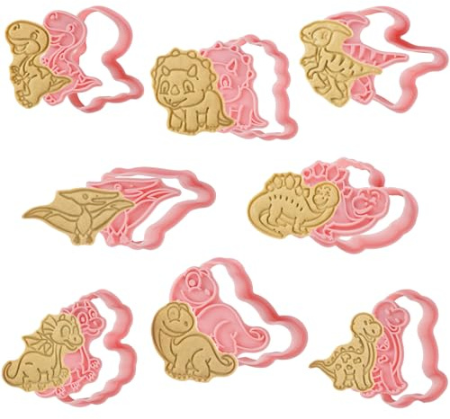 Simpeak Set de 8 Cortadores de Galletas Dinosaurio, Moldes de Plástico para Repostería, Cortadores 3D con Presión para Galletas, Fondant, Biscochos y Decoración de Tartas
