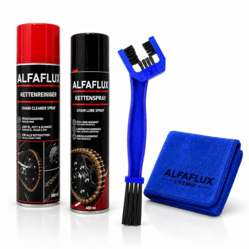 ALFAFLUX® Kettenpflege-Set 4-teilig – Kettenreiniger 500ml + Kettenspray 400ml + Bürste + Mikrofasertuch – O/X/Z-Ring – Motorrad Fahrrad (ALF-KPS-4-B)