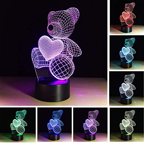 ZYTC Teddybär-Herz nachtlichter geschenke für kinder frauen mama mädchen smart touch & fernbedienung 7 farbe 3d illusion lampe tier licht kinder led schreibtischlampen