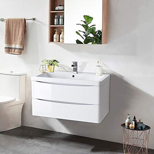NRG 800mm Gloss White 2 Drawer Wall Hung, Cabinet Vanity Sink Unit, Basin | Bathroom Drawer Storage Furniture, Ideal for Any Home Décor